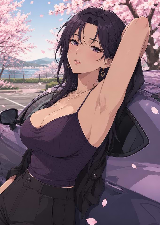Anime Woman Leaning on Purple Car