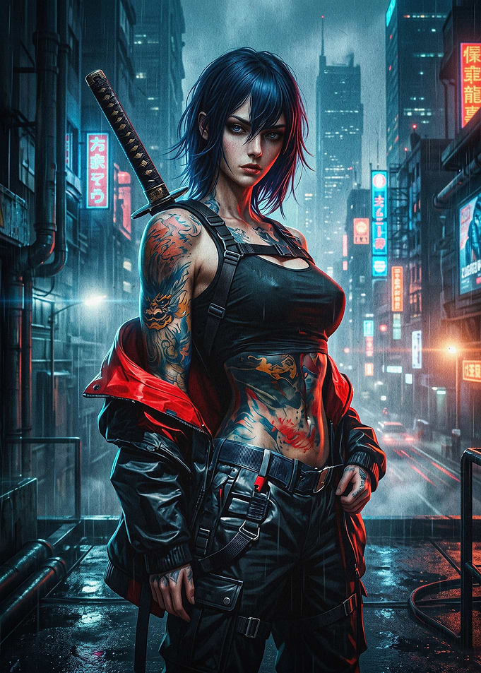 Cyberpunk Samurai Girl Street Art