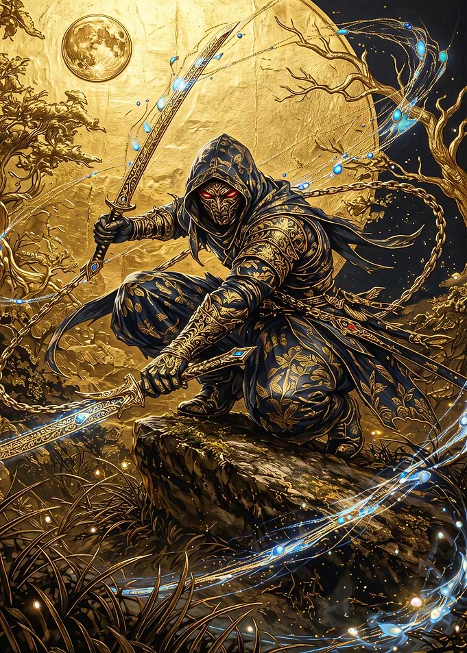 Golden Ninja Warrior with Glowing Blades
