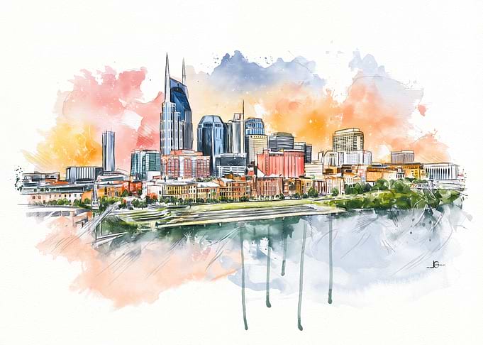 Watercolor Nashville Skyline Art Print