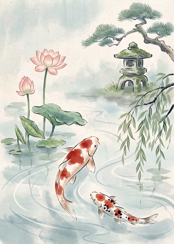 Koi Fish in Zen Garden Pond