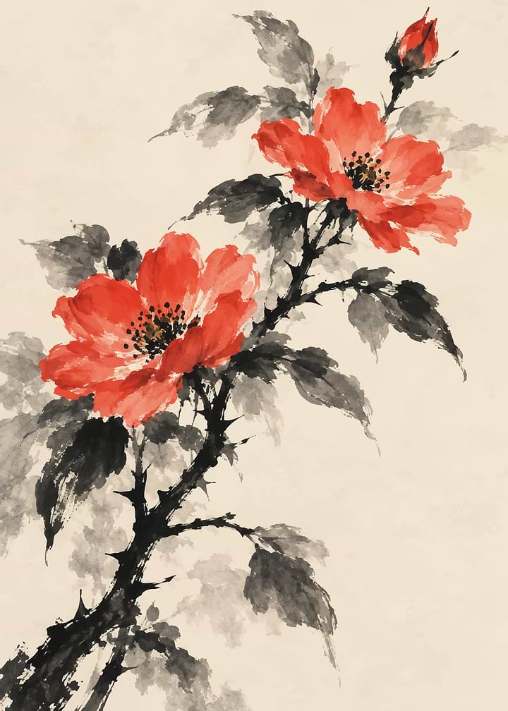 Traditional Ink Wash Red Flowers