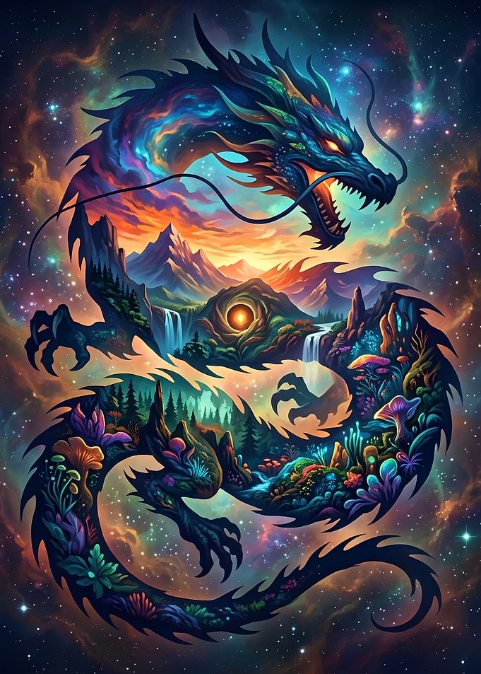 Cosmic Dragon Landscape Double Exposure