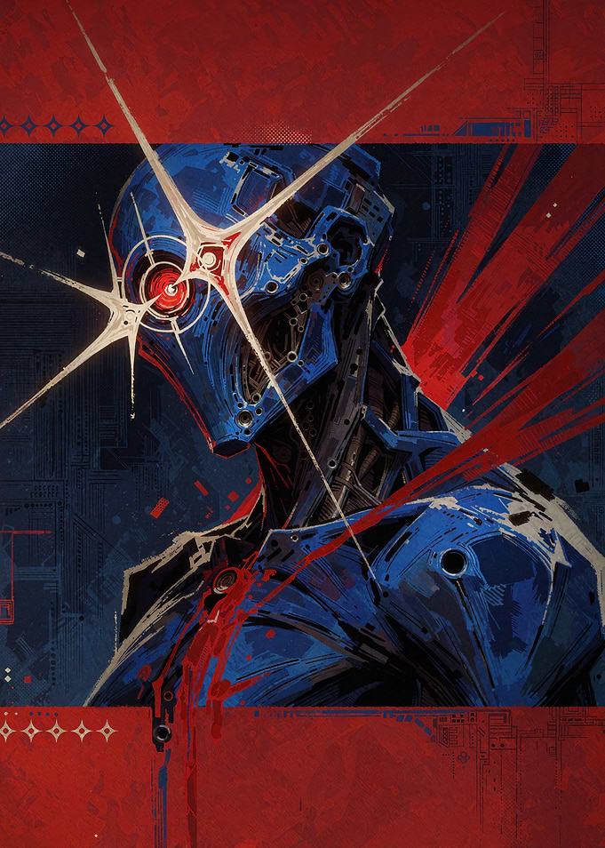 Cybernetic Robot Portrait with Red Accents