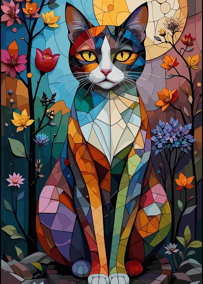 Stained Glass Mosaic Cat Portrait