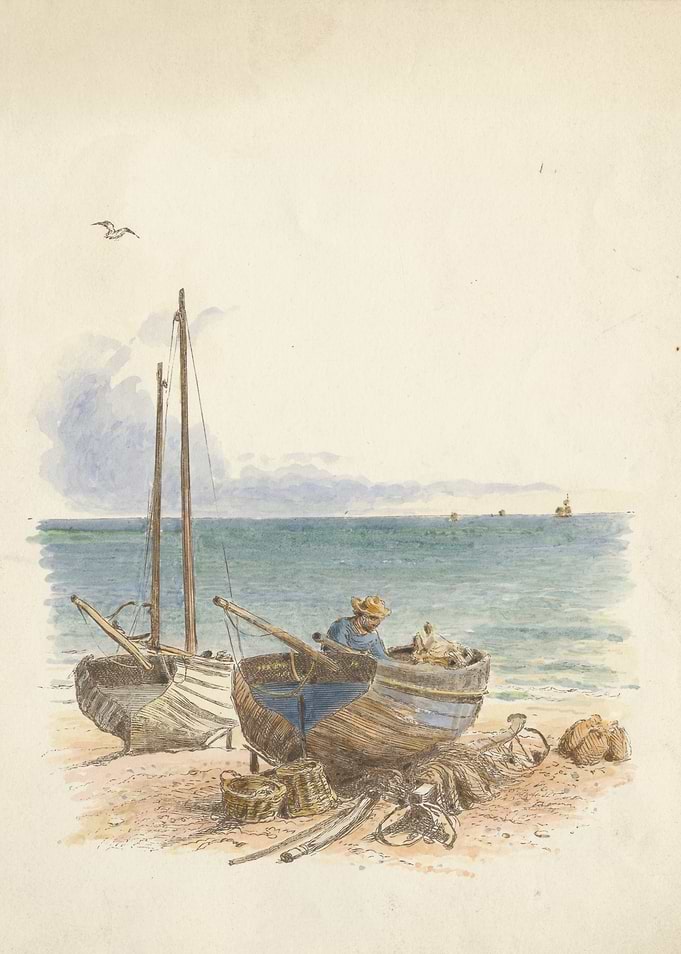 Fisherman with Boats on Beach