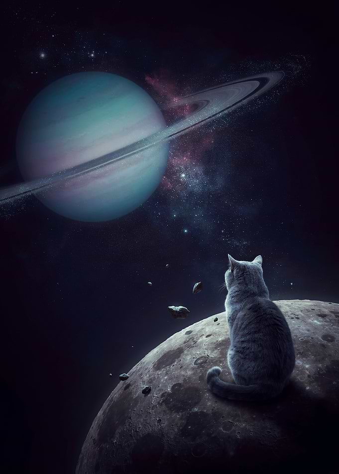 Grey Cat Watching a Ringed Planet