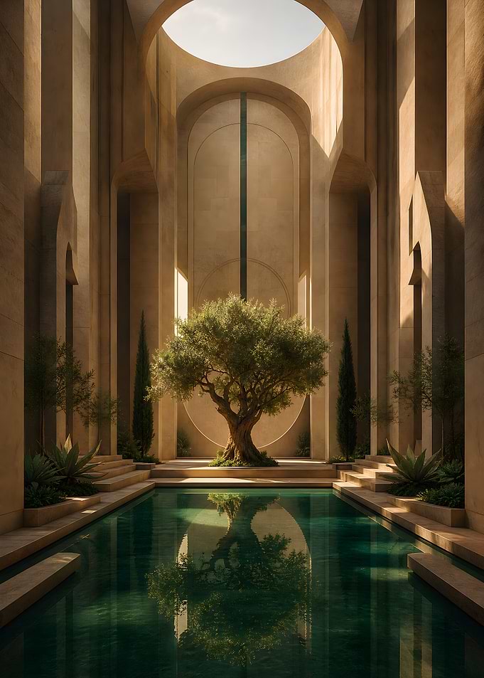 Serene Mediterranean Courtyard with Olive Tree
