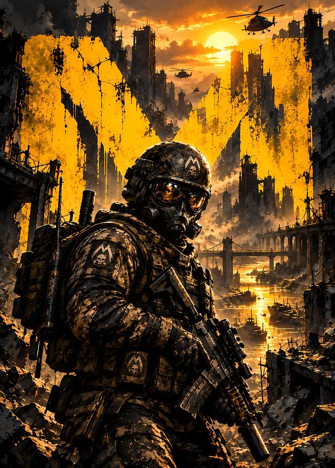 Post-Apocalyptic Soldier in Ruined City
