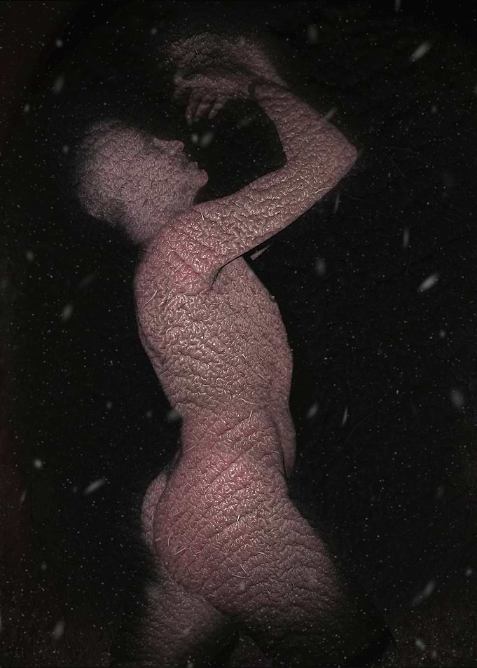 Surreal textured human figure in darkness