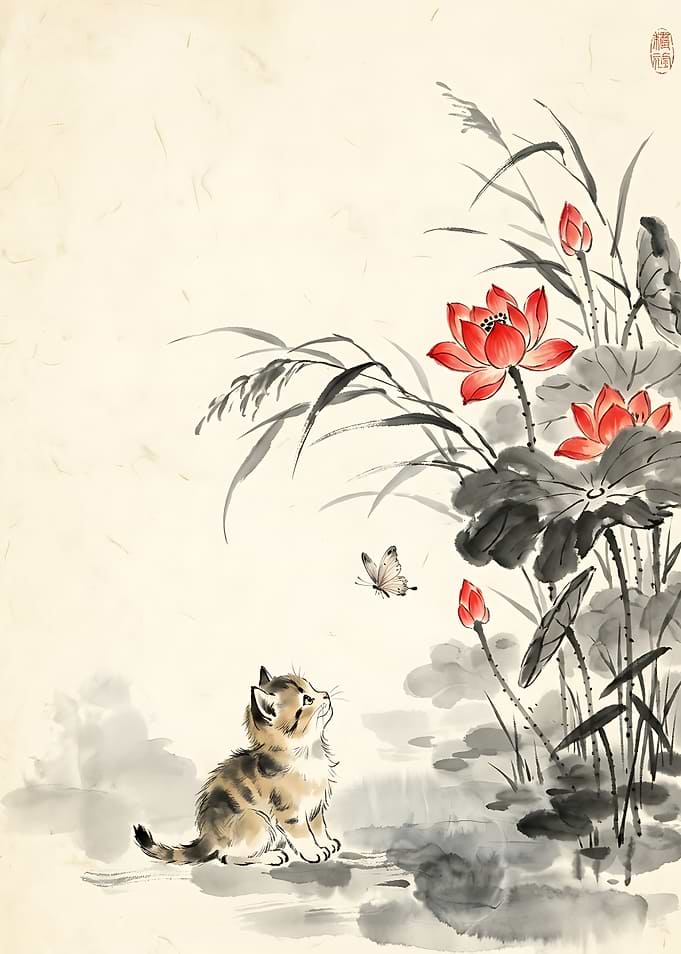 Kitten Watching Butterfly by Lotus Flowers