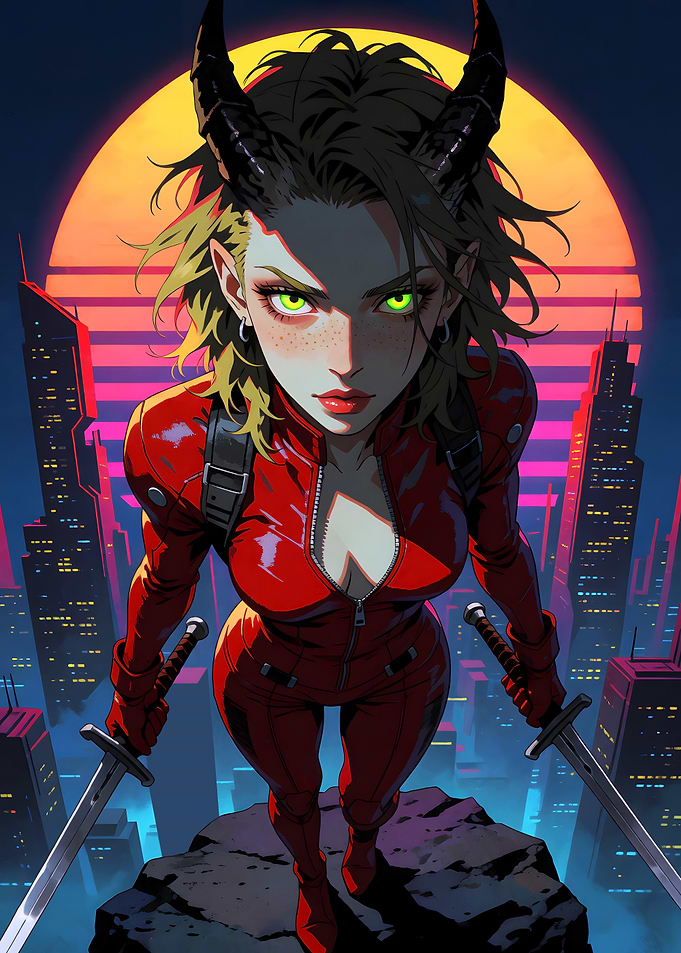 Demon Warrior Anime Girl in Cyberpunk City