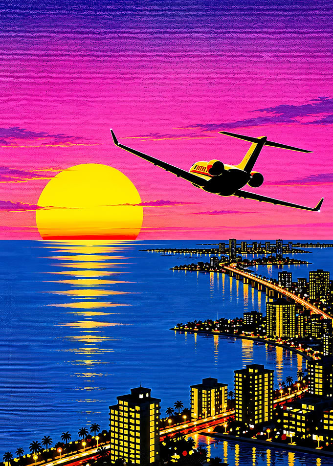 Synthwave Airplane Over Coastal City
