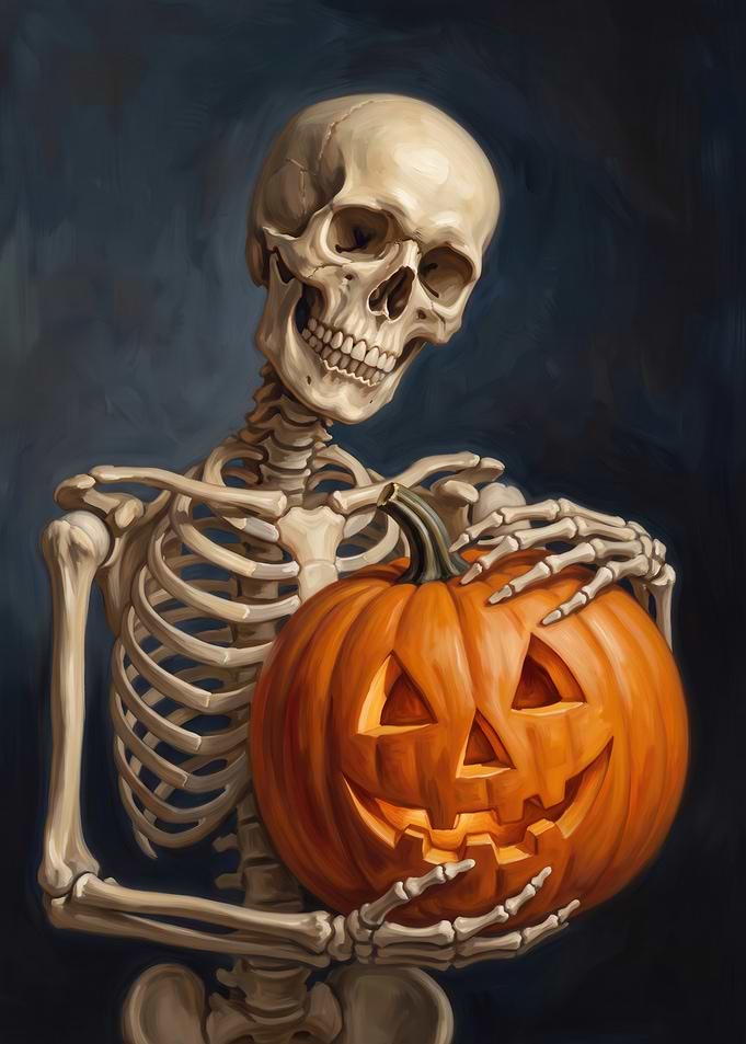 Skeleton Holding a Glowing Jack-o'-lantern