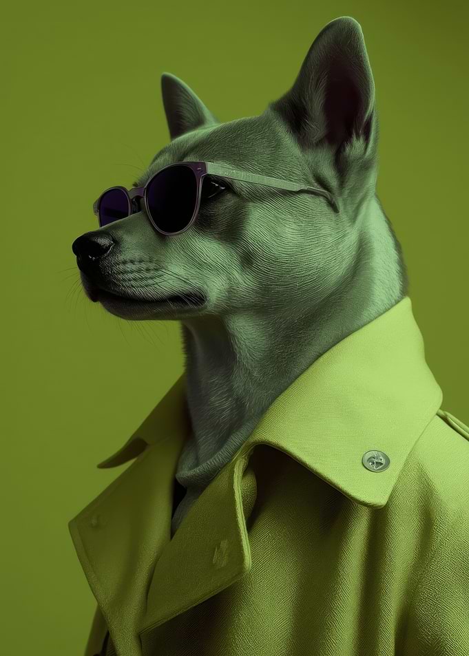 Stylish Shiba Inu Dog Wearing Sunglasses and Green Fashion Coat