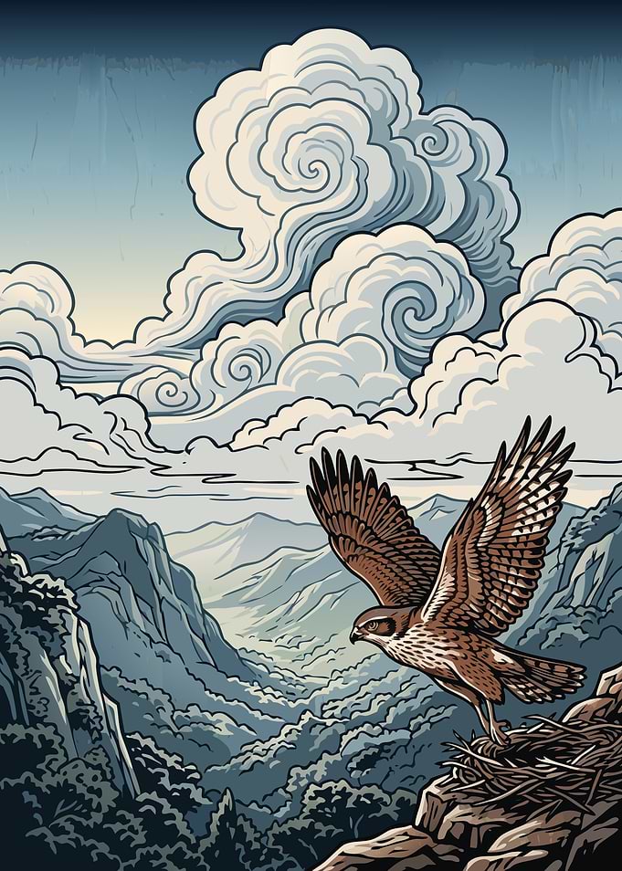 Hawk Taking Flight Over Mountain Valley