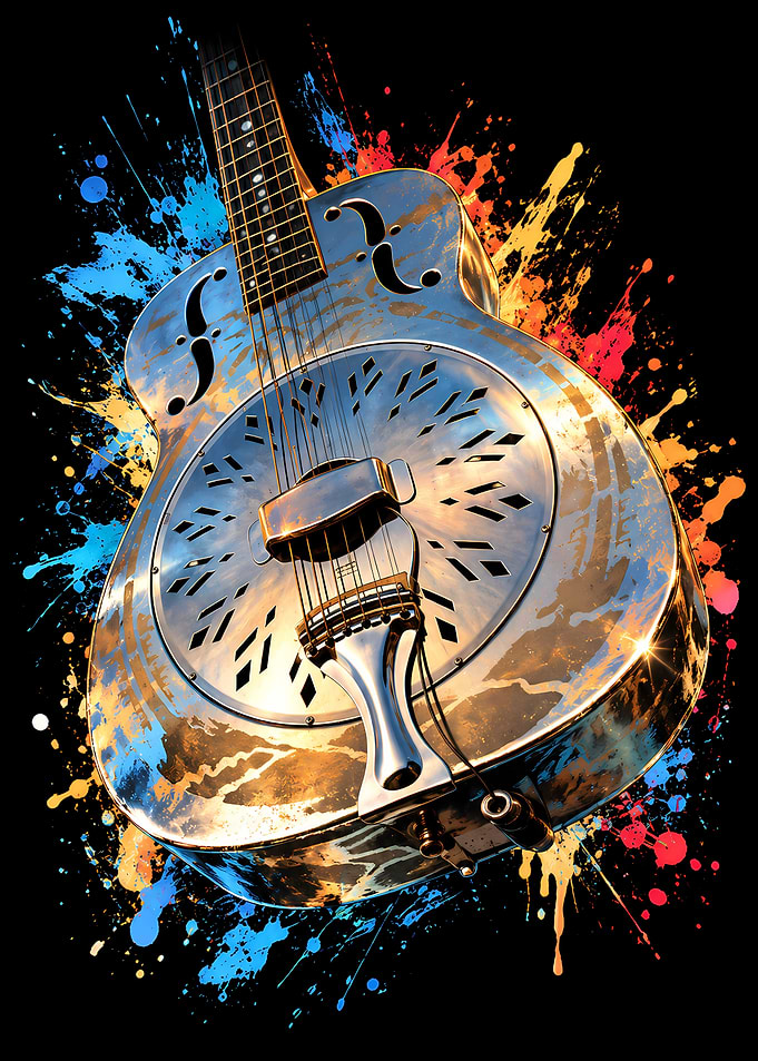 Resonator Guitar with Colorful Paint Splatter