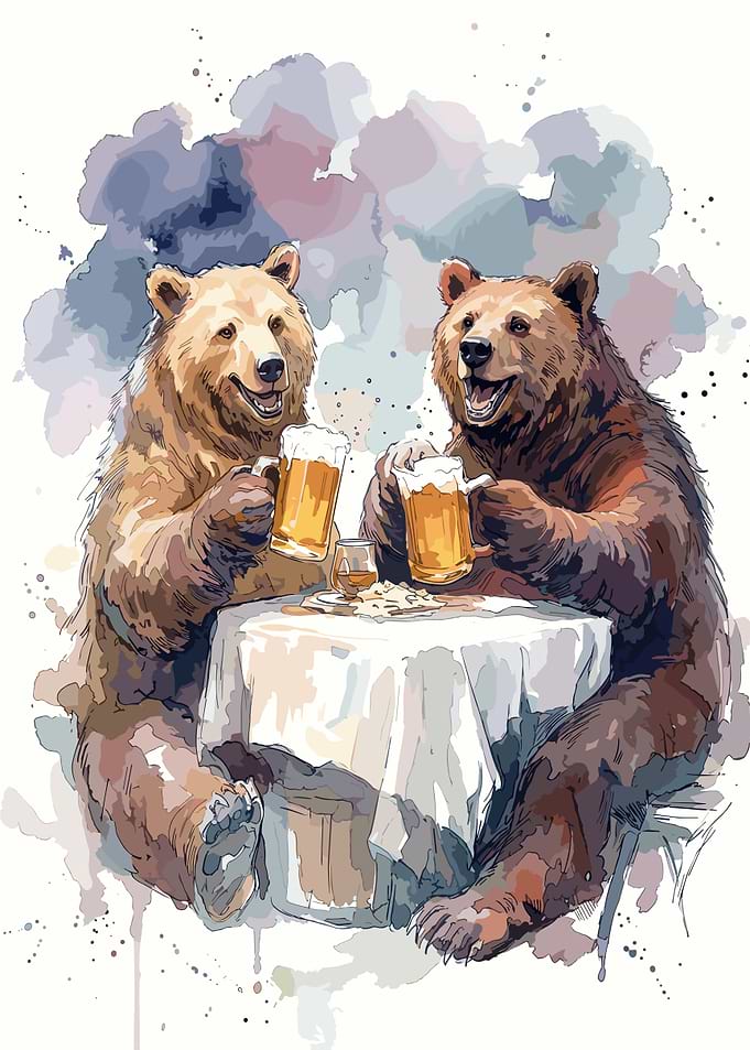 Two Bears Drinking Beer Together