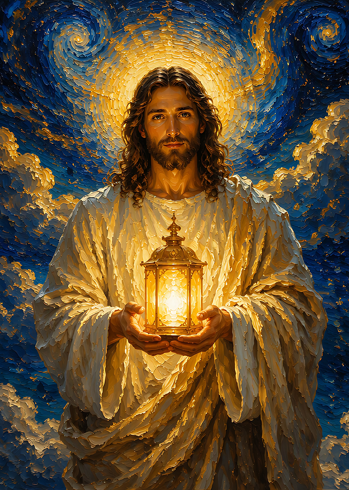 Jesus Holding Lantern Starry Night Style