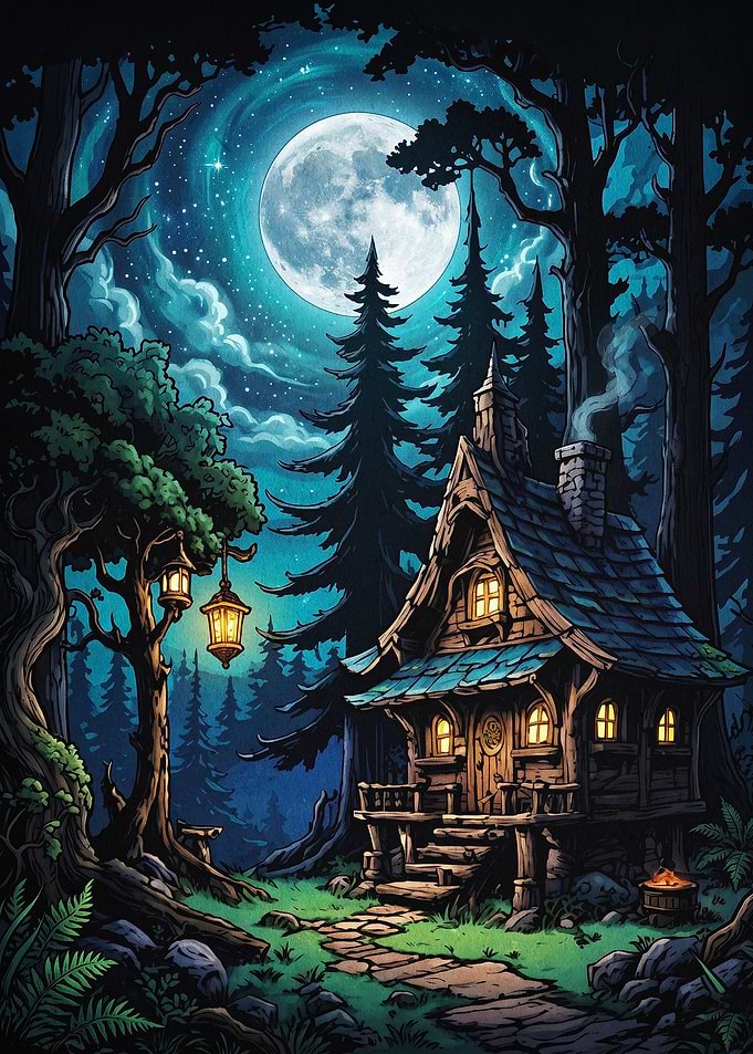 Forest Cabin Moon Night Fantasy Art