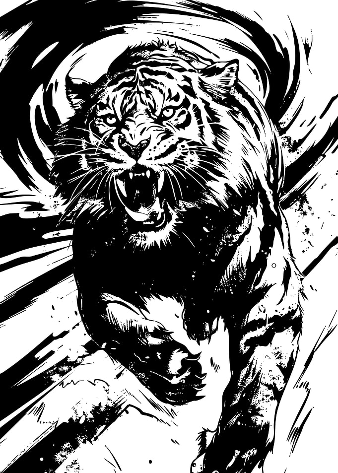 Aggressive Black and White Tiger Illustration
