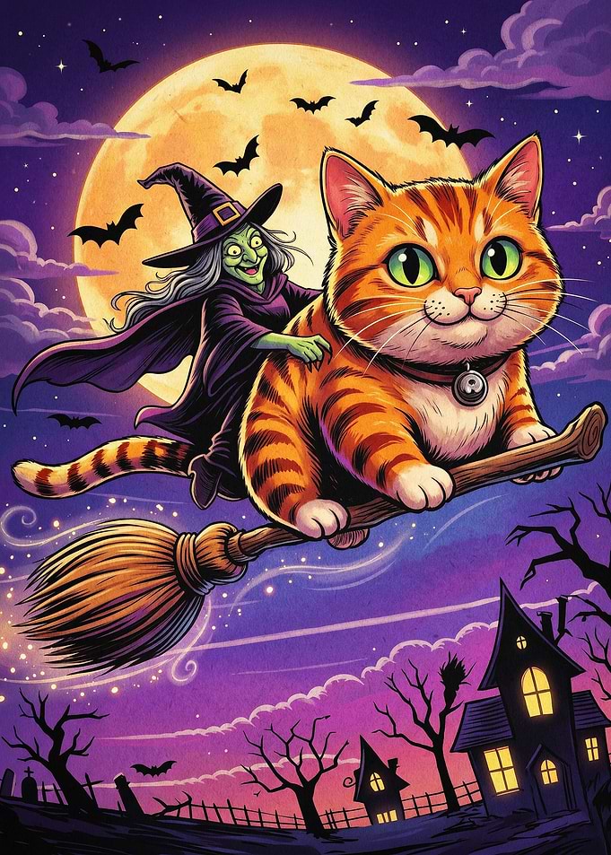 Cat Witch Flying Broomstick Cute