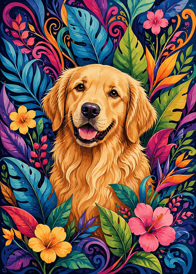 Golden Retriever in Tropical Floral Garden