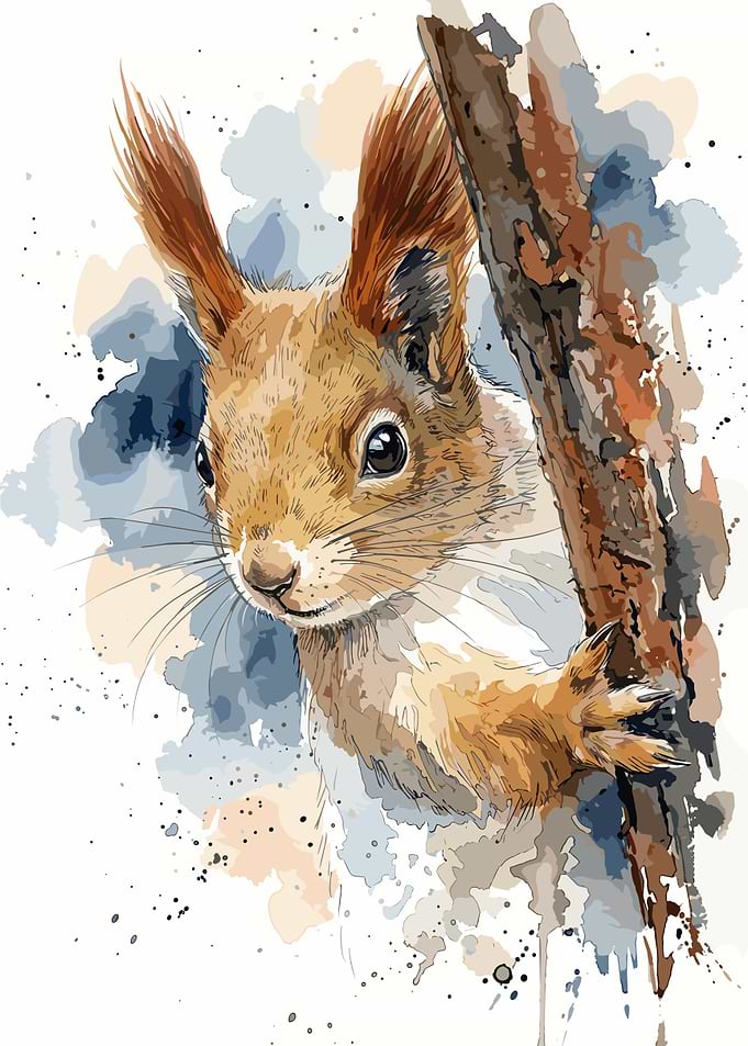 Watercolor Squirrel Peeking from Tree