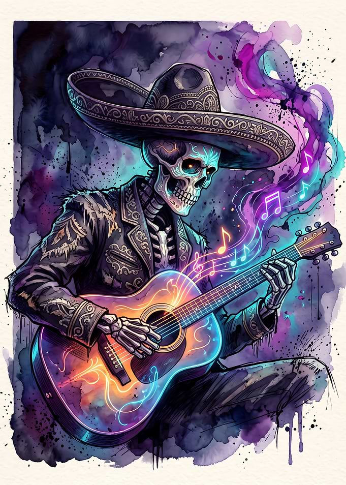 Skeleton Mariachi Playing Glowing Guitar