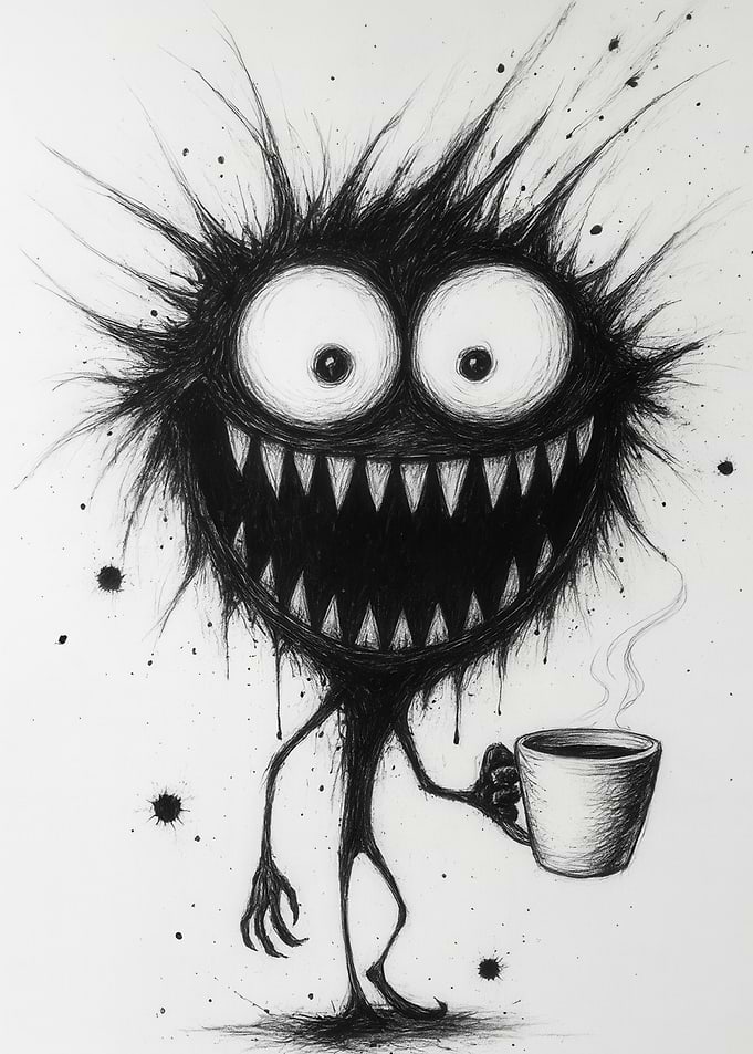 Fuzzy Monster Drinking Morning Coffee