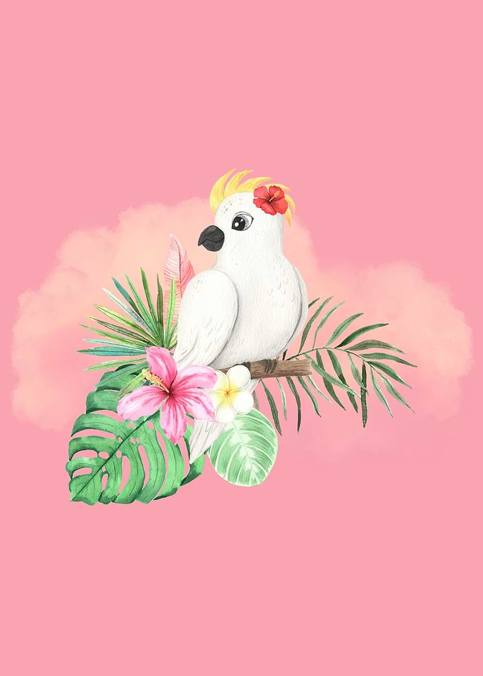 Cute Cockatoo with Tropical Flowers