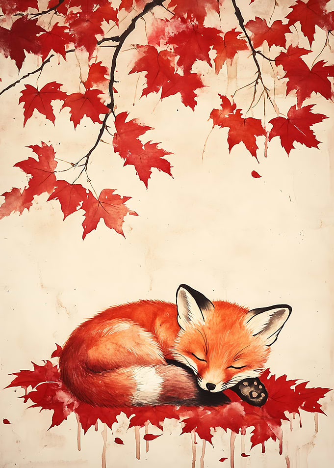 Sleeping Fox in Autumn Leaves