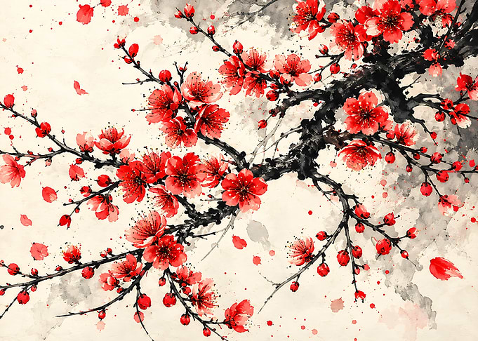 Vibrant Red Plum Blossom Branch