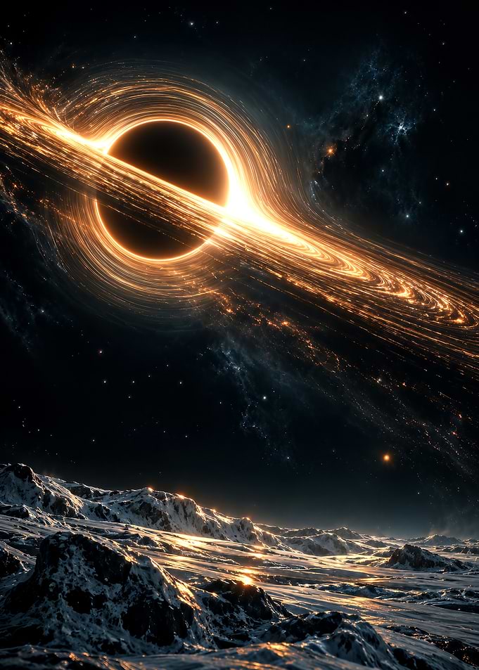 Black Hole Over Icy Planet Surface