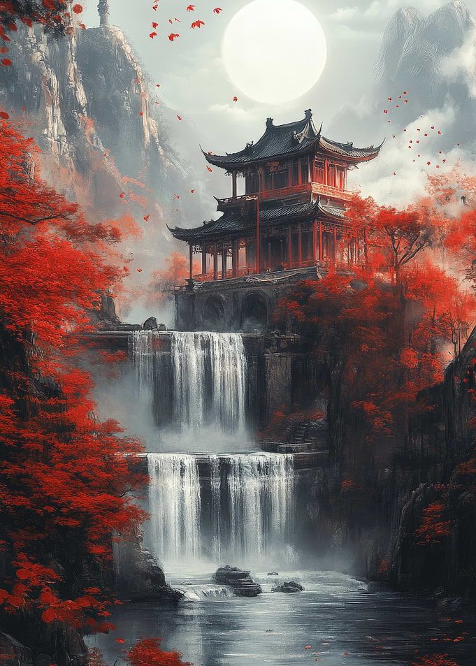 Traditional Pagoda by Misty Waterfall