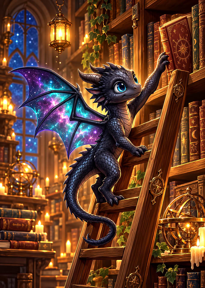 Cute Baby Dragon in Magical Library