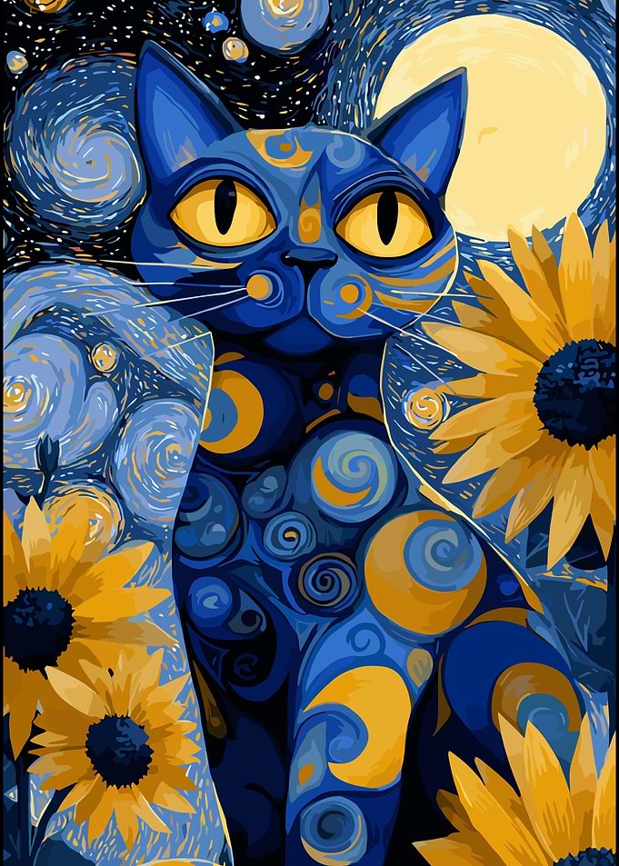 Starry Night Cat with Sunflowers