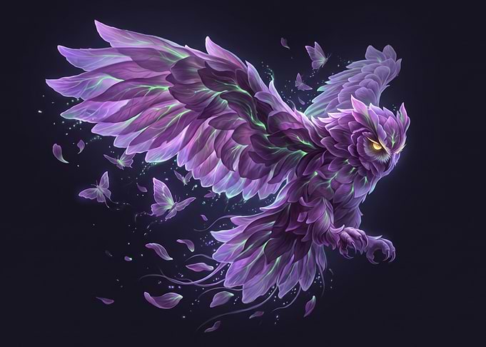 Magical Purple Owl with Butterflies