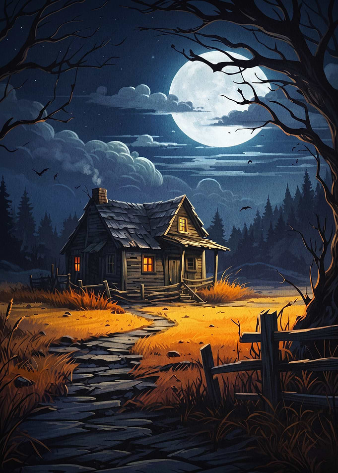 Spooky Cabin Night Moon Gothic Art