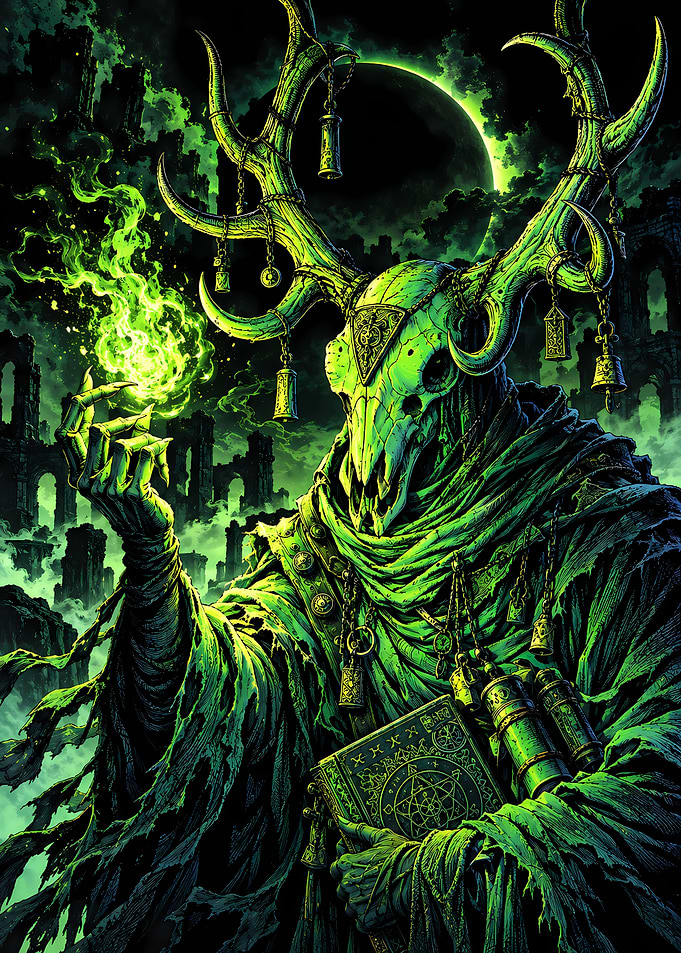 Necromancer with Antlers and Green Magic