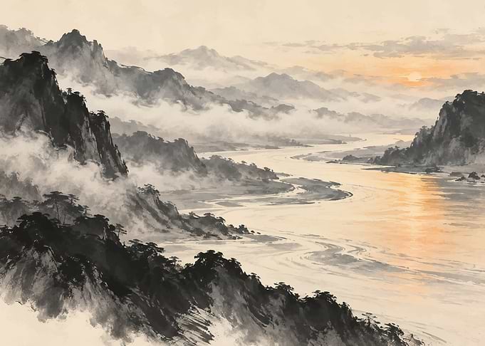 Traditional Ink Wash Mountain Landscape