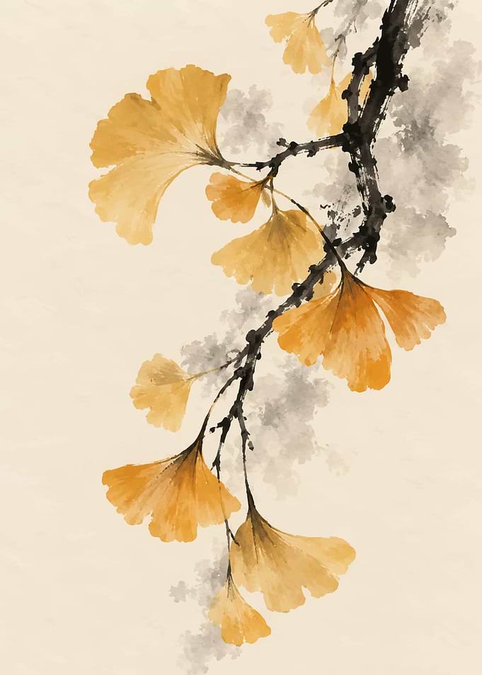 Watercolor Ginkgo Biloba Branch Art