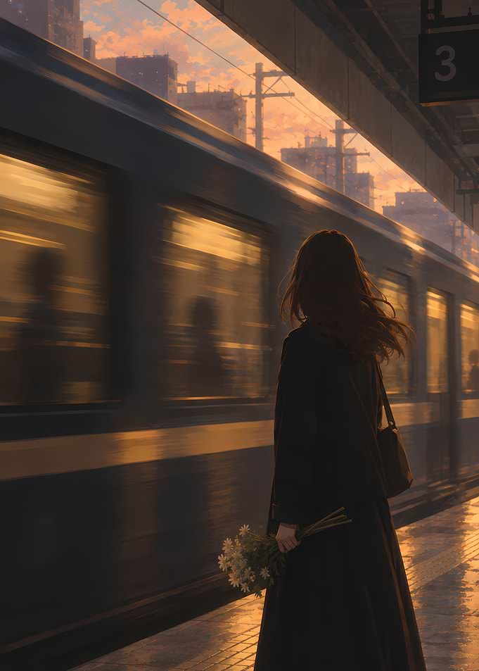 Woman waiting at train station sunset