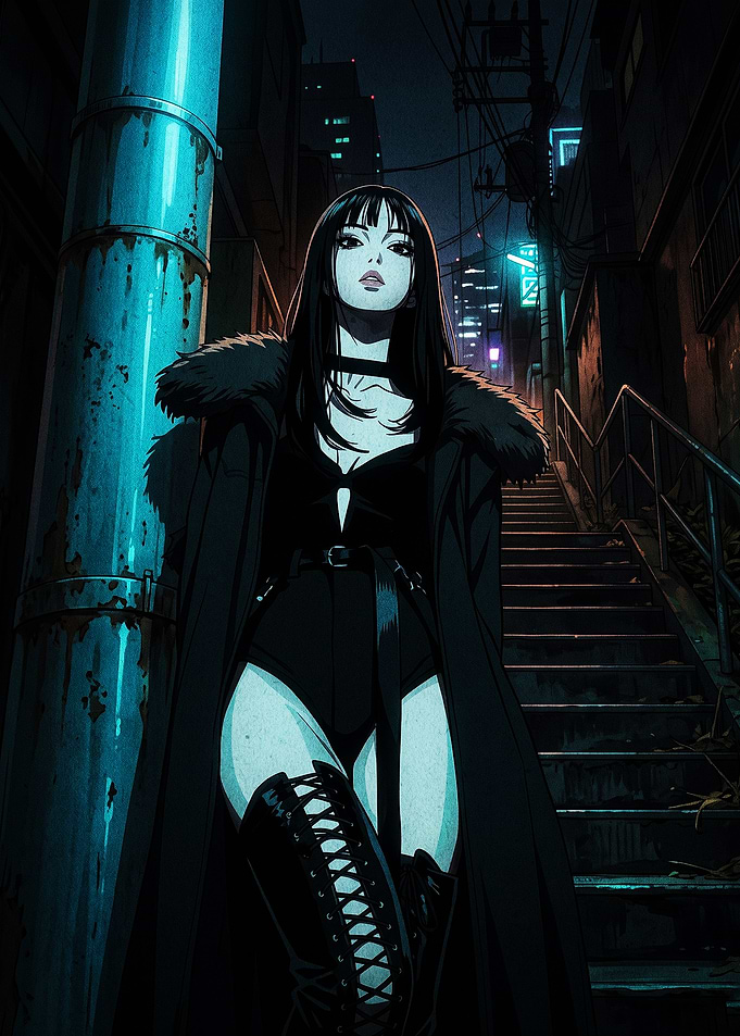 Gothic Anime Girl in City Alley