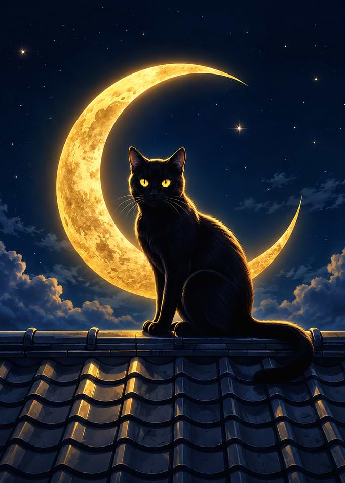 Black Cat on Rooftop Under Moon