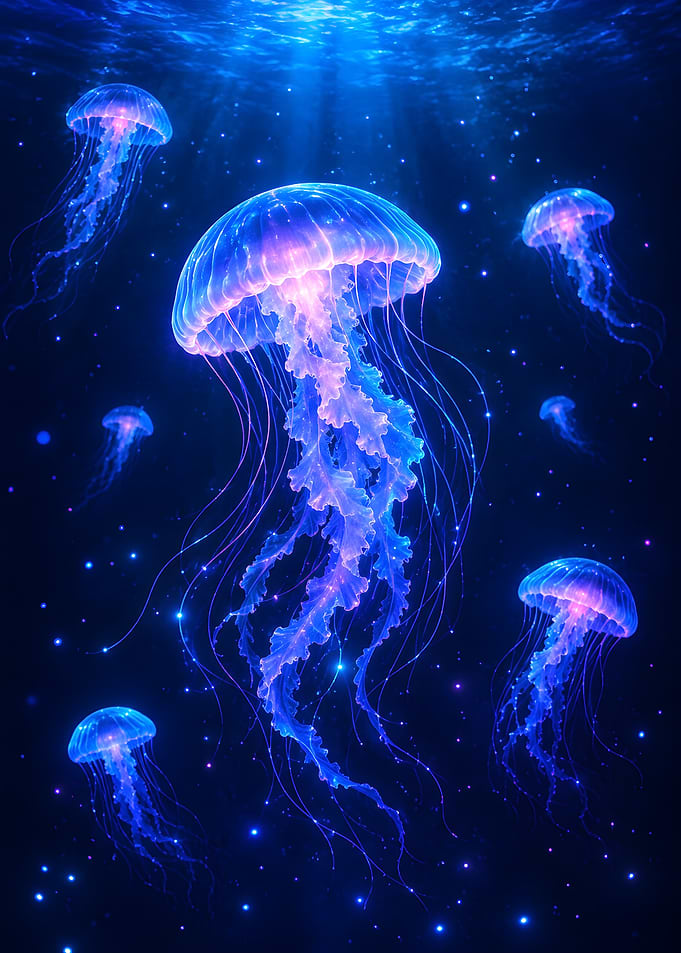 Bioluminescent Jellyfish in Deep Ocean