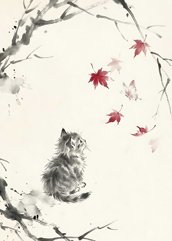 Kitten Watching Falling Maple Leaves