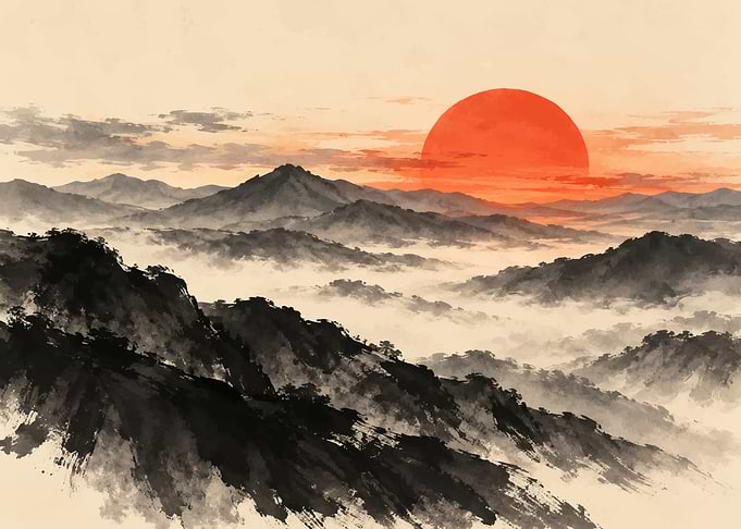 Ink Wash Mountain Landscape at Sunset