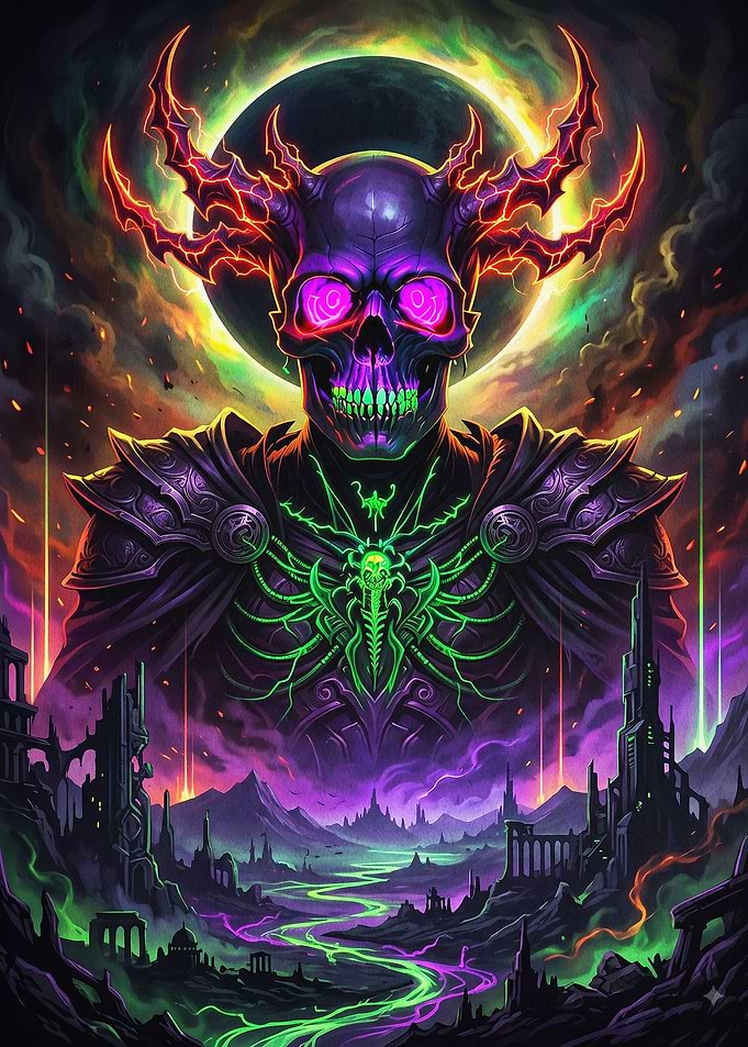Demon Skull Neon Fantasy Art Poster