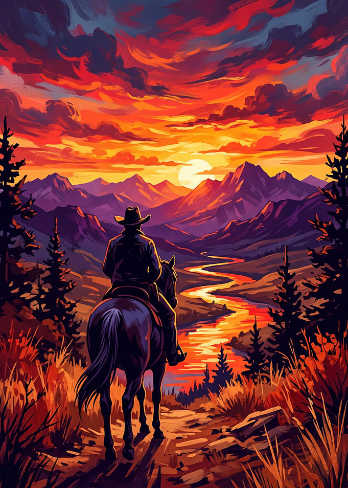 Cowboy Riding Horse at Sunset